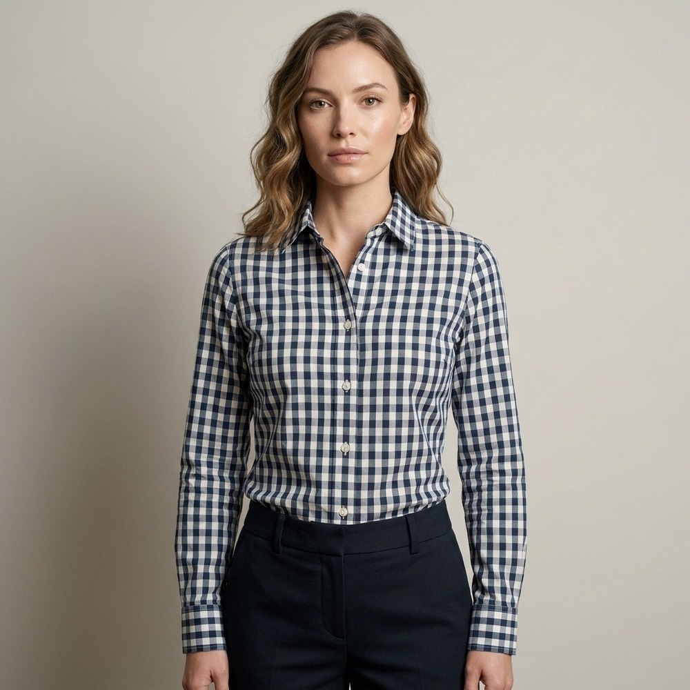 J.Crew Slim Gingham Button Up‎ Shirt Navy Blue White Cotton Stretch Size 00 NEW